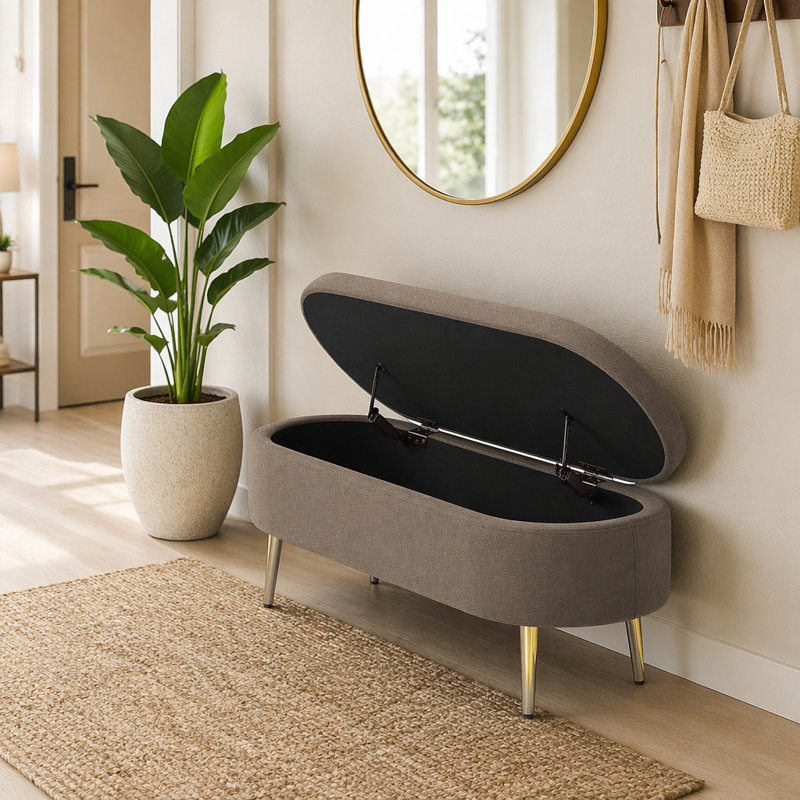 Banc de rangement repose-pieds ovale avec pieds en métal, Brun