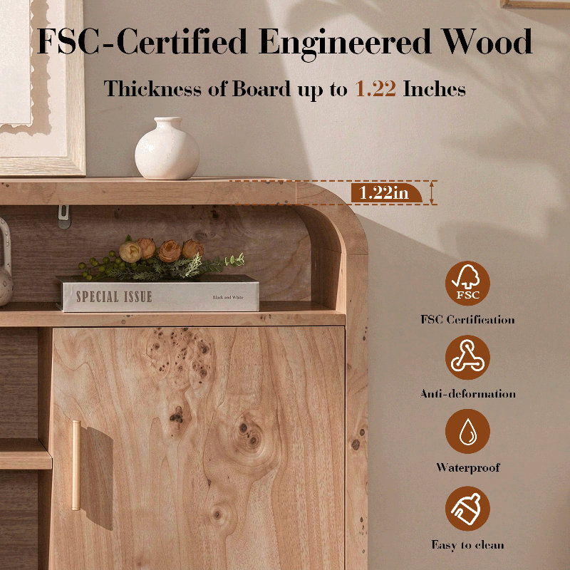 Elegant Curved TV Stand With Hidden Storage, Modern TV Console Media Console For Tvs Up To 65", Light Burl