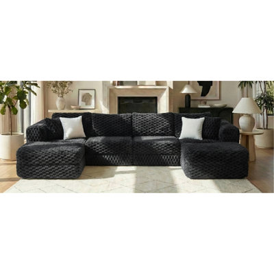 Canapé modulaire modulaire de 135,4 po avec deux repose-pieds amovibles pour le salon, noir