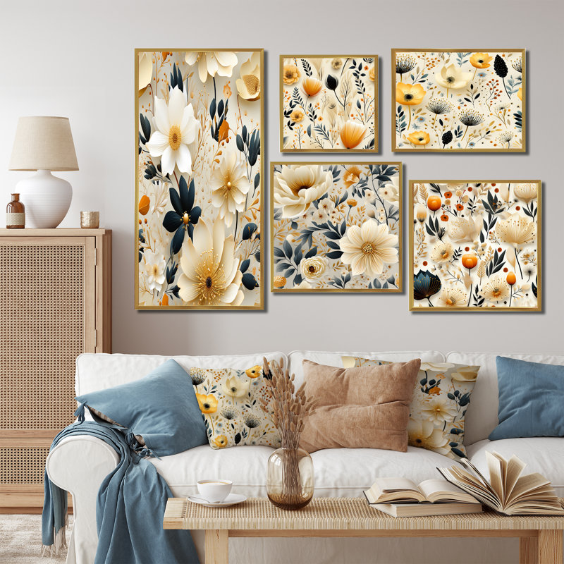 Ensemble de 5 décorations murales fleurs pastel doux - Boho Wall Art, Cadre flottant doré