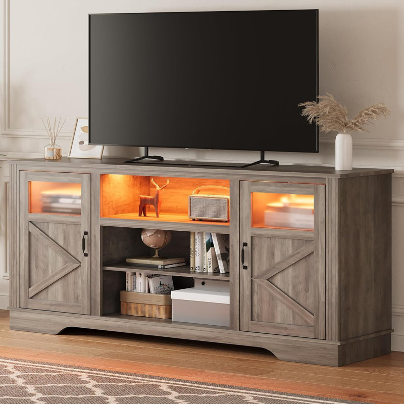 Gray Washed Ash Farmhouse TV Stand with LED Lights