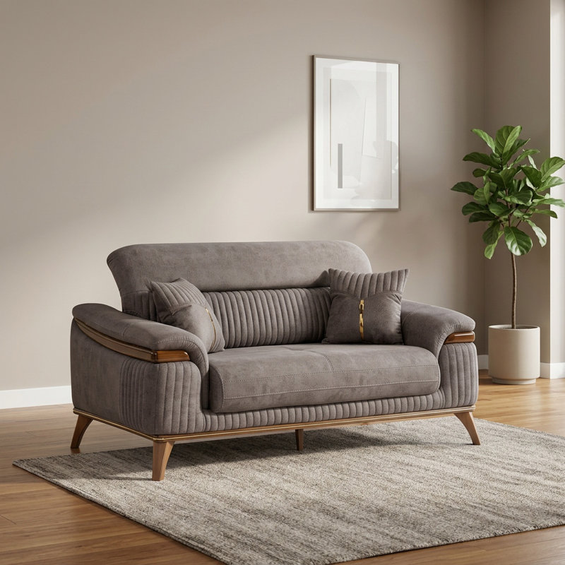 Causeuse moderne en tissu avec accoudoirs arrondis et pieds en bois Xyti, Gris
