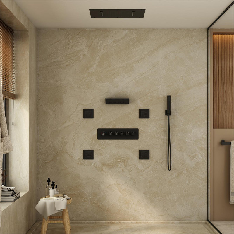 23" L x 16" W 5-Function Flush Mount Thermostatic Shower System With Neck Massage Spout and 4 Body Jets, Matte Black