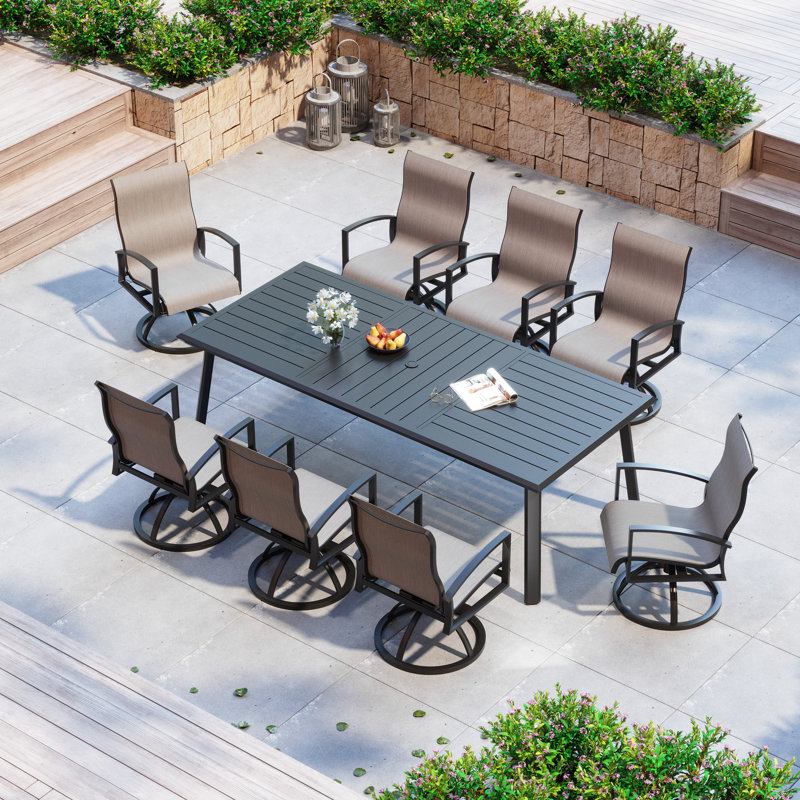Ensemble repas pour 8 personnes avec fauteuils pivotants en tissu Sunbrella, Brun