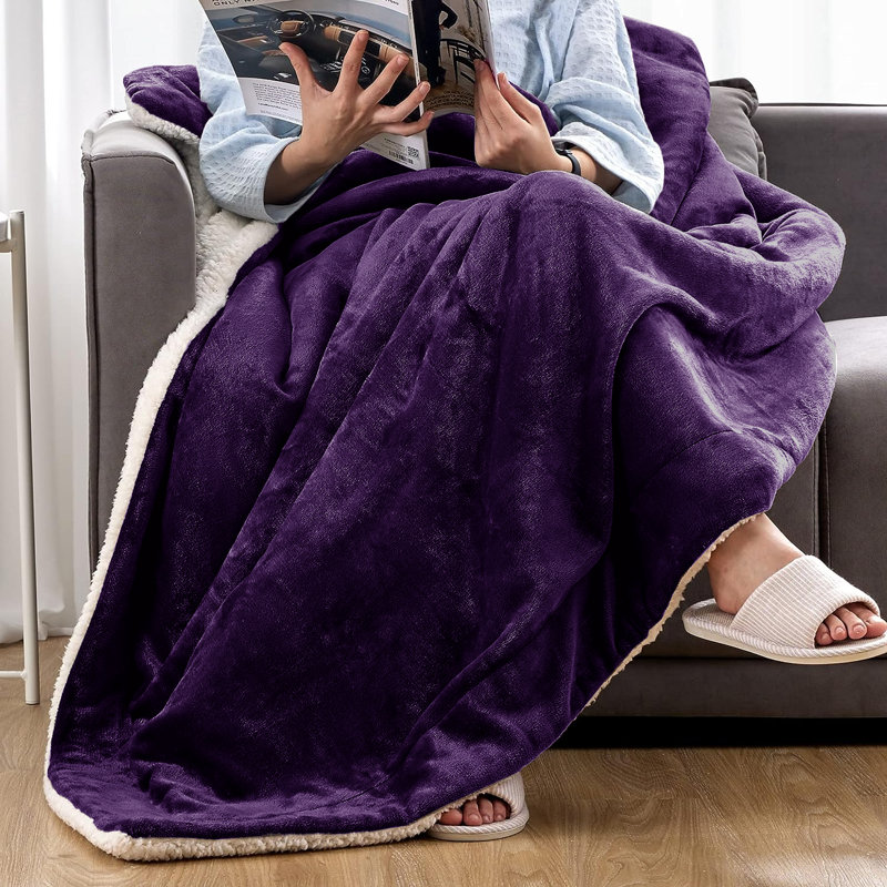 Home Comfort Sherpa Fleece Throw Blanket Cozy Reversible Blanket for Bed Sofa and Couch, Purple, 150cm W x 200cm L