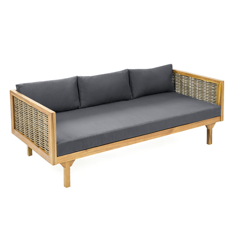 Lit de jour avec accoudoirs pour 3 places assises, coussin gris foncé, structure en bois, panneau à lattes, coussins d'eau, 68,57 W, sièges à assembler, construction, design, 23,94 H,