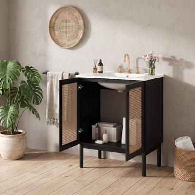 Meuble-lavabo autoportant avec portes en rotin tissé à la main, lavabo en céramique, charnières à fermeture en douceur