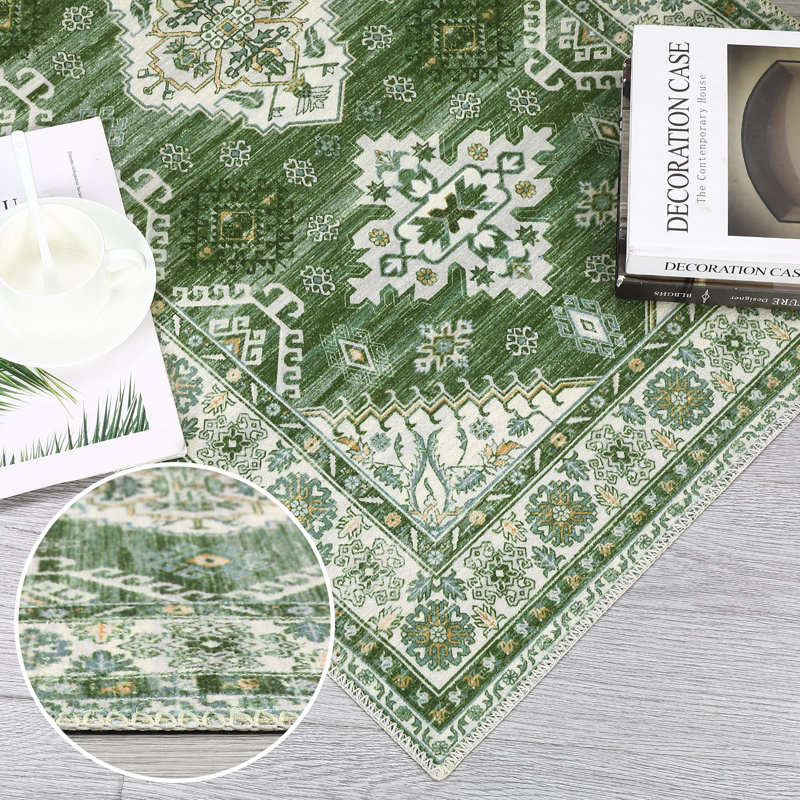 Machine Washable Rugs Vintage Non-Slip Low Pile Rubber Backing Area Rug for Living Room Bedroom Kitchen Dining Room Dorm and Bedside Decor