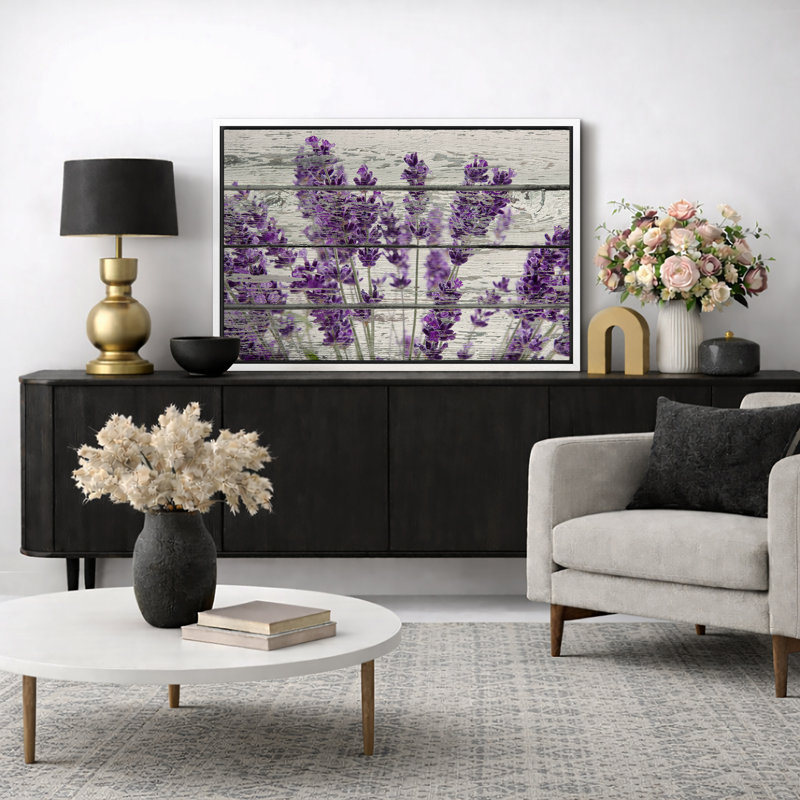 Œuvre d'art mauve lavande mauve sur fond effet bois, images murales rétro rustiques, impression sur toile encadrée, Blanc
