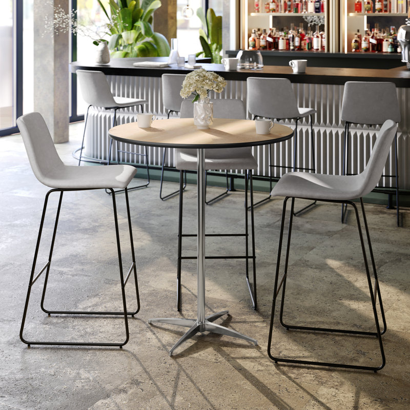 Marrel Round Wood Cocktail Table with Columns, Oak, Chrome, 42" H x 36" L x 36" W