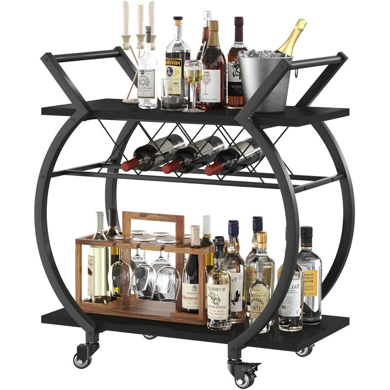 Roue avec chariot à vin noir, chariot de bar moderne avec porte-bouteilles, chariot de service de cuisine à tambour avec espace de rangement