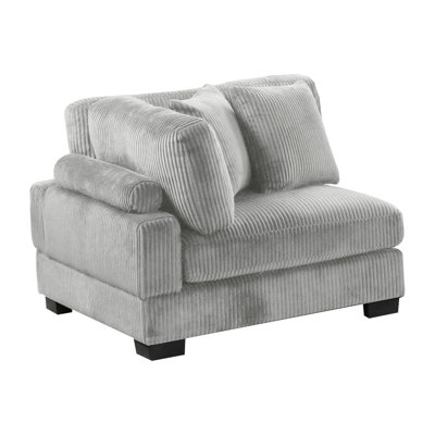 Coussin d'angle contemporain en velours côtelé gris avec structure en bois, niveau de confort mi-ferme, dossier rembourré et pieds à structure moderne d'apparence sans accoudoirs, siège, design pour un espace de détente confortable à la maison