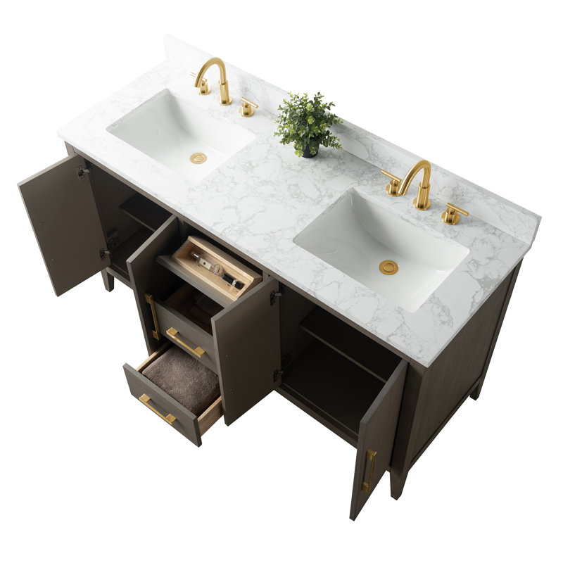 Ensemble de meuble-lavabo double 60 po, Or brossé, Bois flottant gris