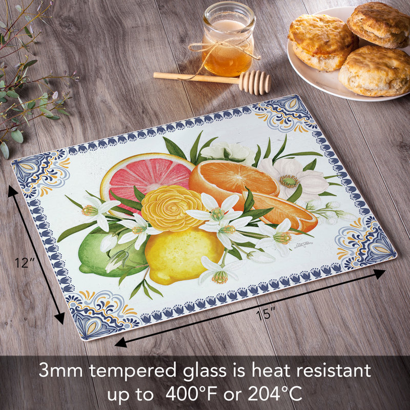 Mediterranean Citrus Tempered Glass Cutting Board 15" x 12"