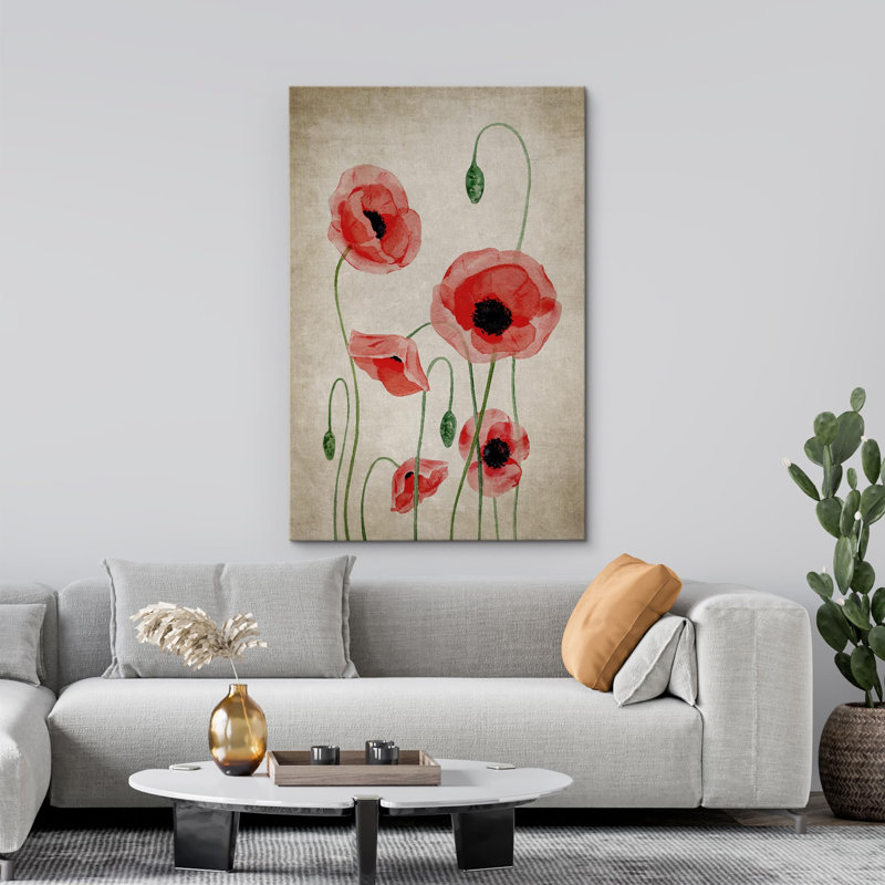 Marguerite rouge fleur grunge jardin maison de campagne moderne Art déco botanique minimal, Toile tendue, H 18 po x l 12 po