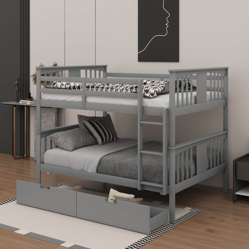 Full Over Full Bunk Bed With Drawers And Ladder, Gray