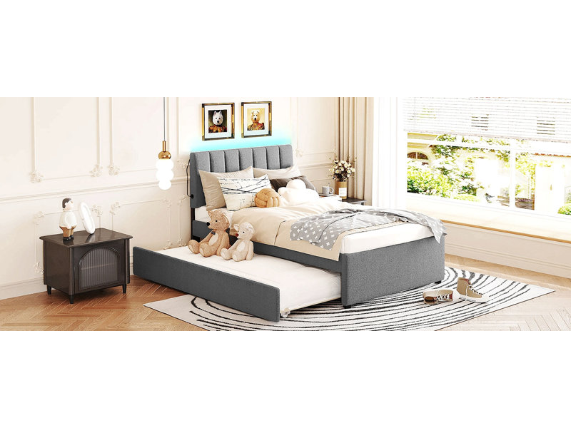 Lit plateforme tapissier avec gigogne Tedsons, Gris