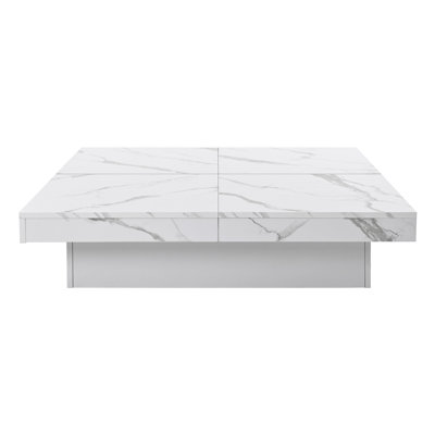 Square Marble Veneer Coffee Table With Sliding Top And Storage, White, 39.4''