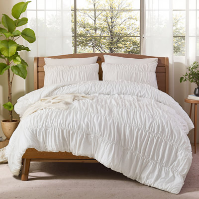Boho Comforter Set Queen,white Ruched Bedding Set,100% Cotton Durable Fluffy Comforter 3 Pcs,vintage Ruffle White Bedding Set With 1 Comforter 2 Pillowcases