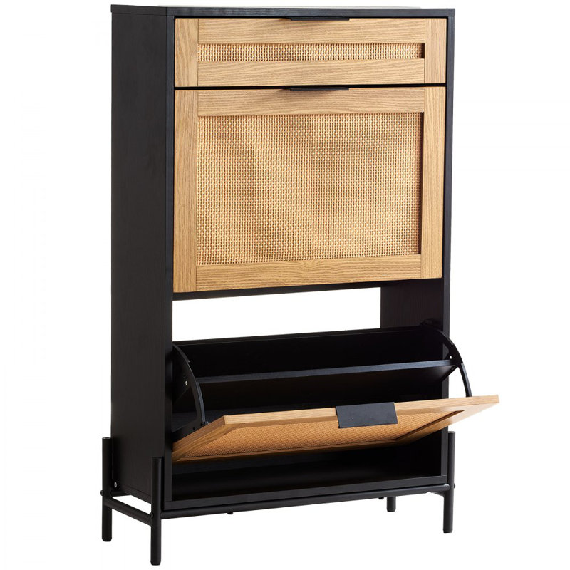Rattan Shoe Cabinet, Narrow Shoe Storage Organizer with 2 Flip Rattan Drawers & 1 Slide Drawer, Metal Legs, Slim Shoe Entryway Cabinet Ideal for Entryway, Closet, Hallway, Black