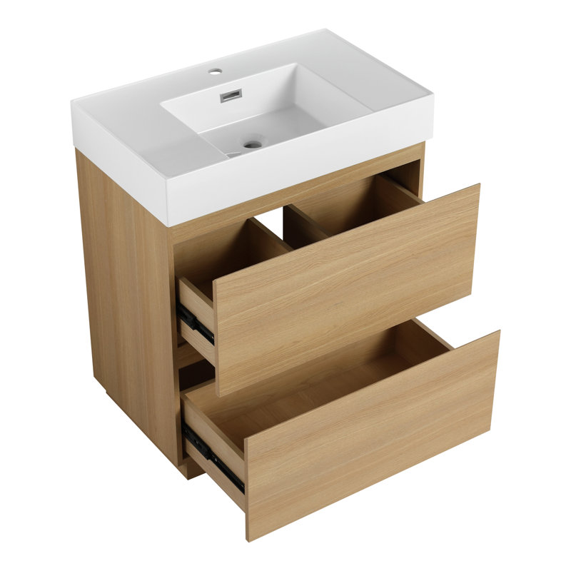 Meuble-lavabo simple de 30 po avec meuble-lavabo encastré moderne en chêne d'ingénierie avec unité de rangement, 30", Chêne