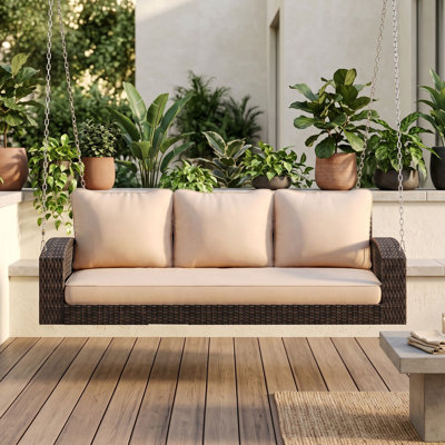 Banc de balançoire en osier PE pour 3 personnes avec coussins et chaînes robustes pour patio, jardin ou cour