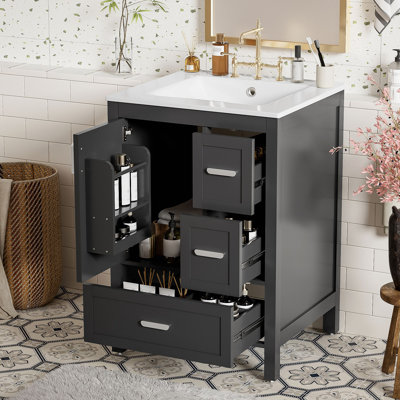 Meuble-lavabo moderne avec lavabo en céramique, porte à fermeture douce, tablette de porte double couche et 3 tiroirs