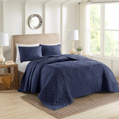 Ensemble de couvre-lit double / grand bleu marine 3 pièces - Tissu en microfibre, rembourrage, lavable à la machine, style romantique style sud-ouest