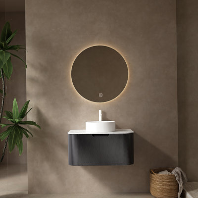 Meuble-lavabo de salle de bain avec lavabo, armoire de rangement de salle de bain moderne à bordures courbes et flottantes avec tiroir, lavabo en marbre artificiel blanc sans robinet, pré-assemblé