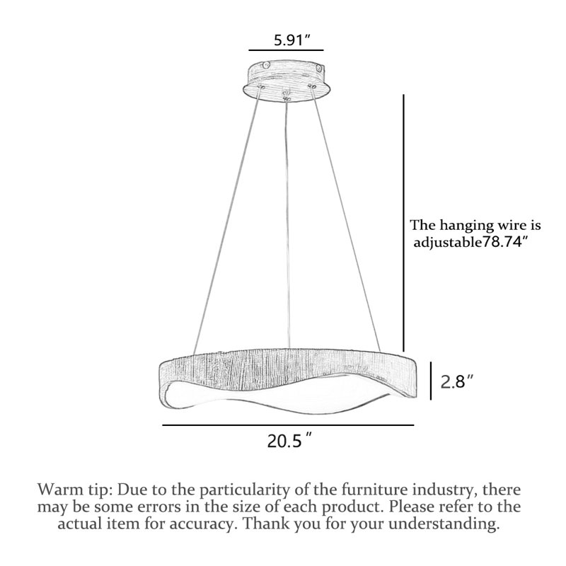 Lustre rond ondulé imitation bois Wabi-Sabi, H 2,76 po x l 20,47 po x P 20,47 po