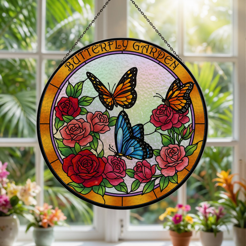 7.8"H Butterfly Garden Stained Glass Window Panel, 7.8" H x 7.8" W