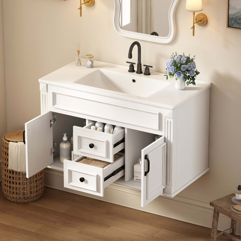 Meuble-lavabo mural de style français avec lavabo en céramique et charnières à fermeture douce, Blanc