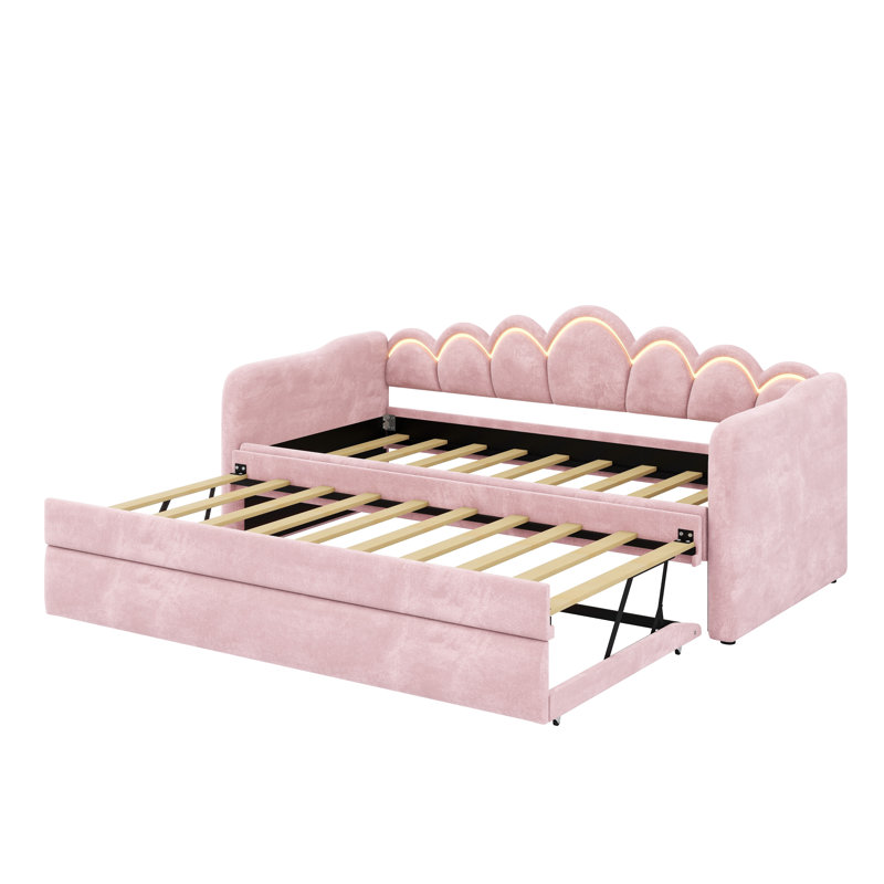 Modern Daybed Featuring Ambient LED Lights and a Level-Surface Pull-Out Trundle, Pink