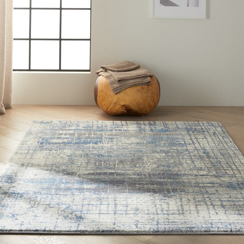 Torrent Abstract White/Gray/Blue Area Rug, Rectangle 9' x 12'