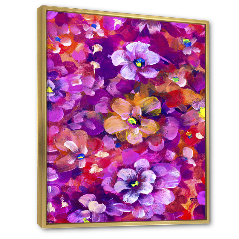 «Mauve Colofrul Flowers», œuvre d'art traditionnelle sur toile, H 32 po x l 16 po x P 1 po, Toile à cadre flottant doré