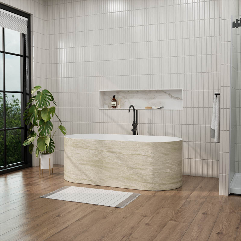 Baignoire autoportante à surface solide de 63 po, extérieur en bois avec texture alvéolée encastrée