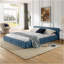 Grand cadre de lit tapissier grand avec tissu en chenille avec motif plissé, lit plateforme grand avec base et tête de lit. Aucun sommier tapissier requis - bleu