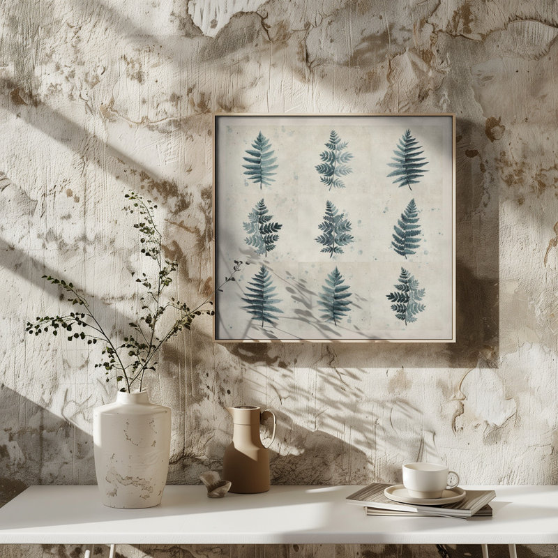 "Nine ferns collage", art mural texturé encadré, H 12 po x l 12 po, Noir