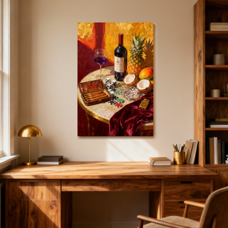 Mode nature morte avec vin et fruits, H 24 po x l 16 po