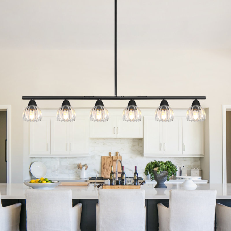 Lustre linéaire moderne à intensité variable 4/6 avec abat-jour en verre pour îlot de cuisine ou salle à manger, 6