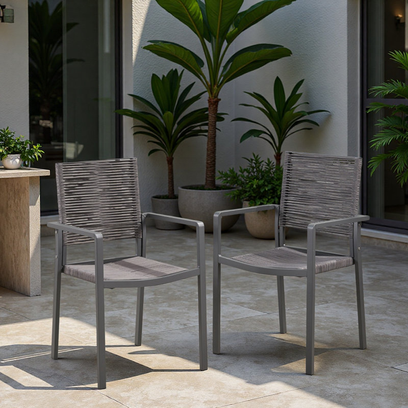 Chaise de salle à manger d'extérieur moderne en aluminium avec siège en corde (ensemble de 2), Gris foncé