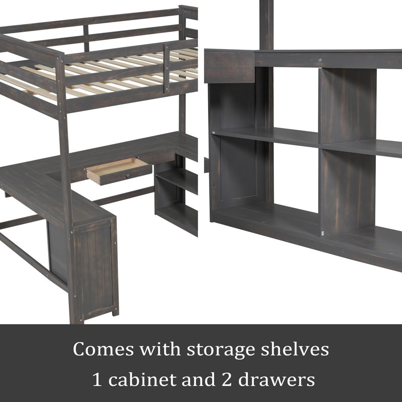 Jetmir Kids Loft Bed with Drawers, Full, Antique Brown