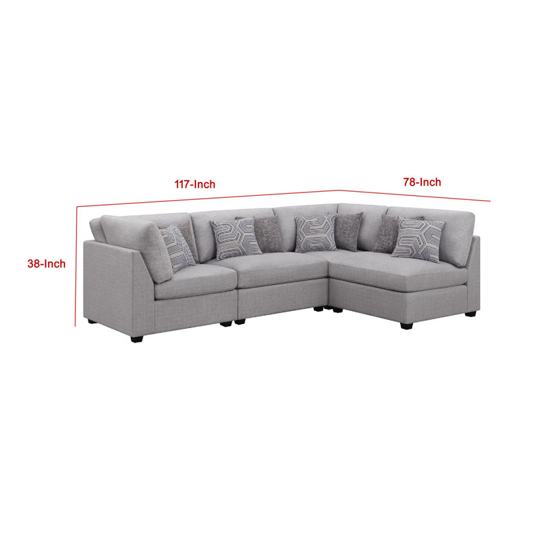 Cambia 4 Piece Modular L Shaped Sectional Sofa, Grey, 8 Pillows