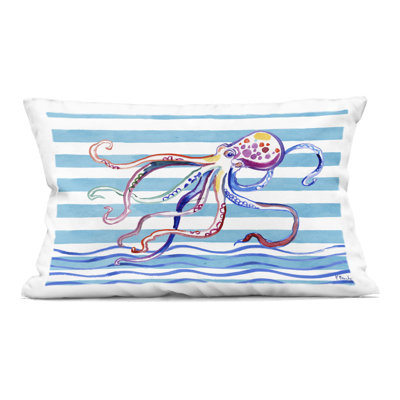 Coussin décoratif brossé imprimé poulpe sur rayures par Paul Brent