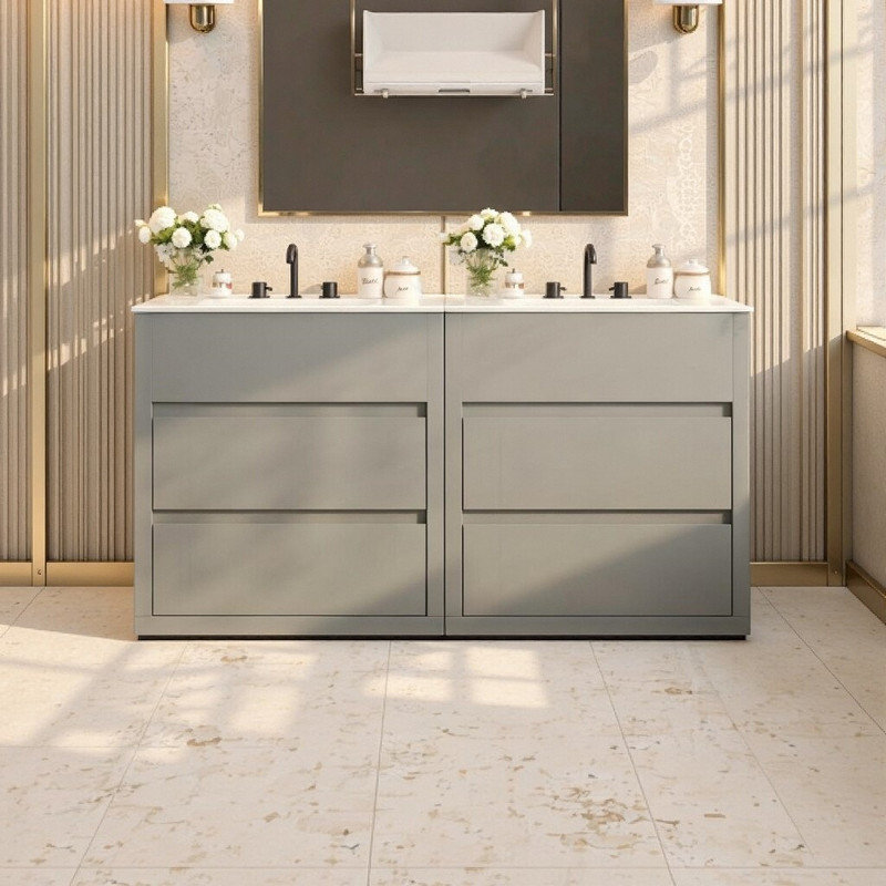 Meuble-lavabo double 60 po avec deux lavabos et deux armoires séparées de 30 po avec tiroirs à fermeture en douceur - Ensemble de meuble-lavabo seulement, robinet non inclus