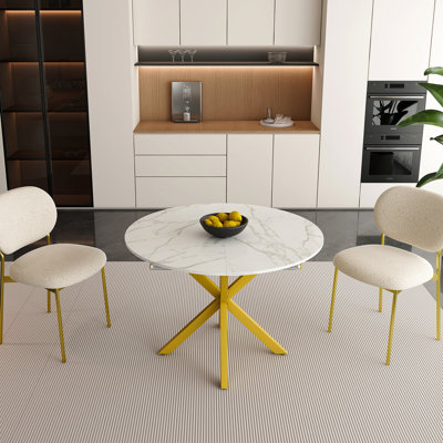 Modern And Simple Round Dining Table With Extendable Blades, Carbon Steel X-Shaped Base