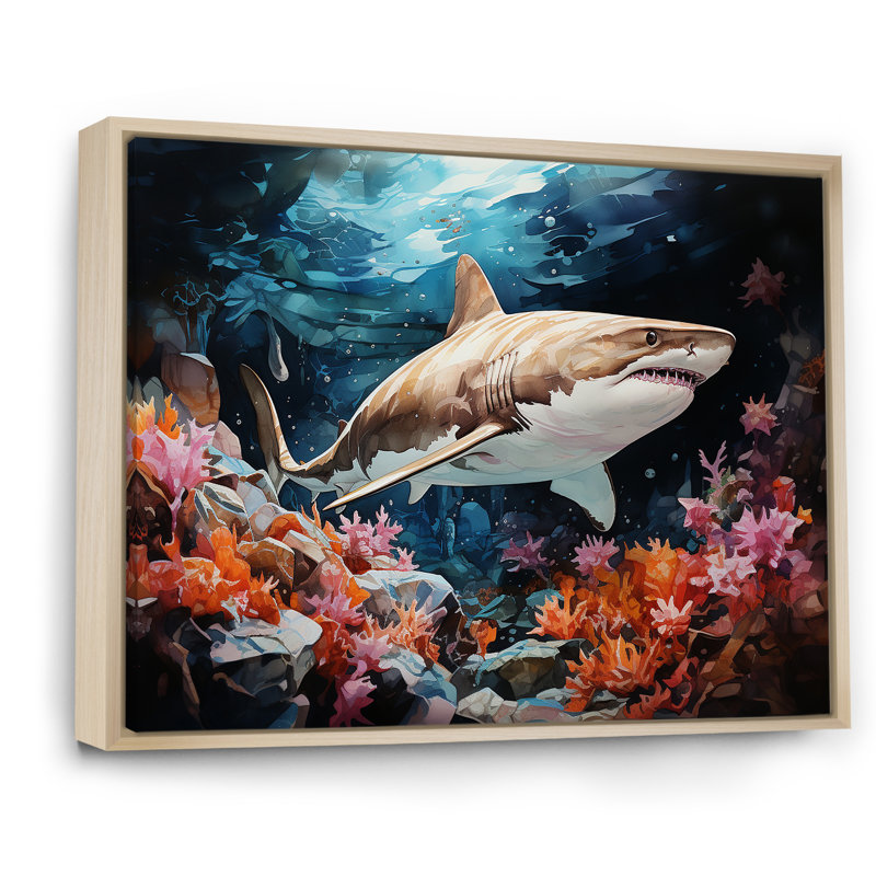 Silent Hunter Sharks Portrait III - plage et océan, art mural sur toile, Cadre naturel flottant, H 34 po x l 44 po x P 1,5 po