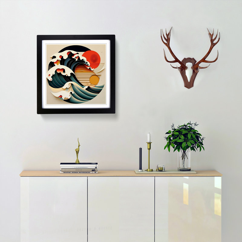 Japanese Wave Constructivism No.2 - Single Picture Frame Print on Wood, Black