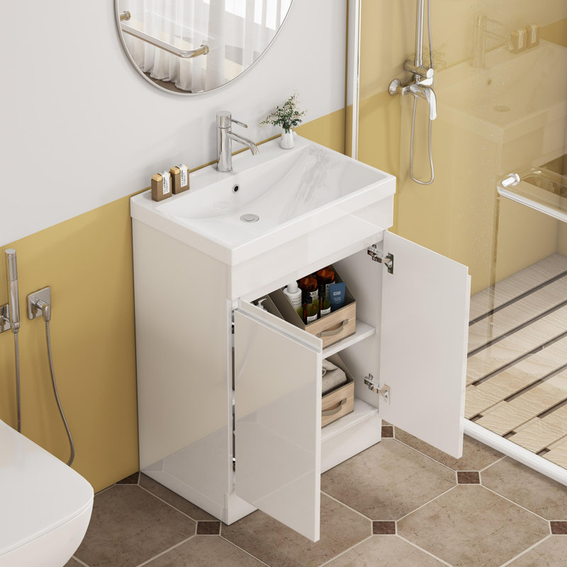Meuble-lavabo de 61 cm avec lavabo intégré, blanc brillant, sans poignées, avec 2 portes et étagère intérieure, lavabo en céramique à bords épais, charnières à fermeture douce, montage facile