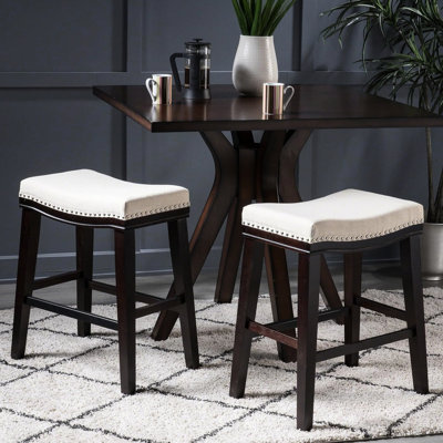 2pcs Counter Stool, Fabric Seat, Leather Detailing, Rubberwood Legs, Charcoal, Furnishing Stools (pair), With Leather, 22.25 Inches Wide, Stylish And Practical
